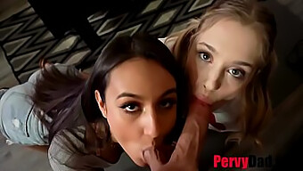 Liderlige Teen Babes Anastasia Knight Og Eliza Ibarra I En Trekant Med Pervy Daddy